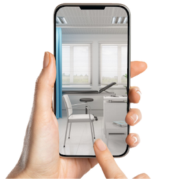 Un mano fotografiando un consultorio médico con un smartphone